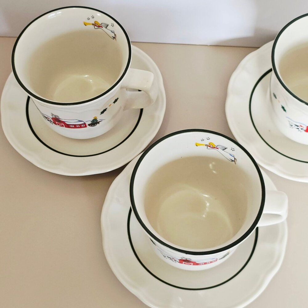 Pfaltzgraff Snow Village Cups & Saucers 3sets Christmas holiday beverage vtg 90s - Picture 4 of 11